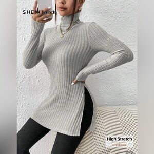 SHEIN Gray Ribbed Turtleneck Sweater